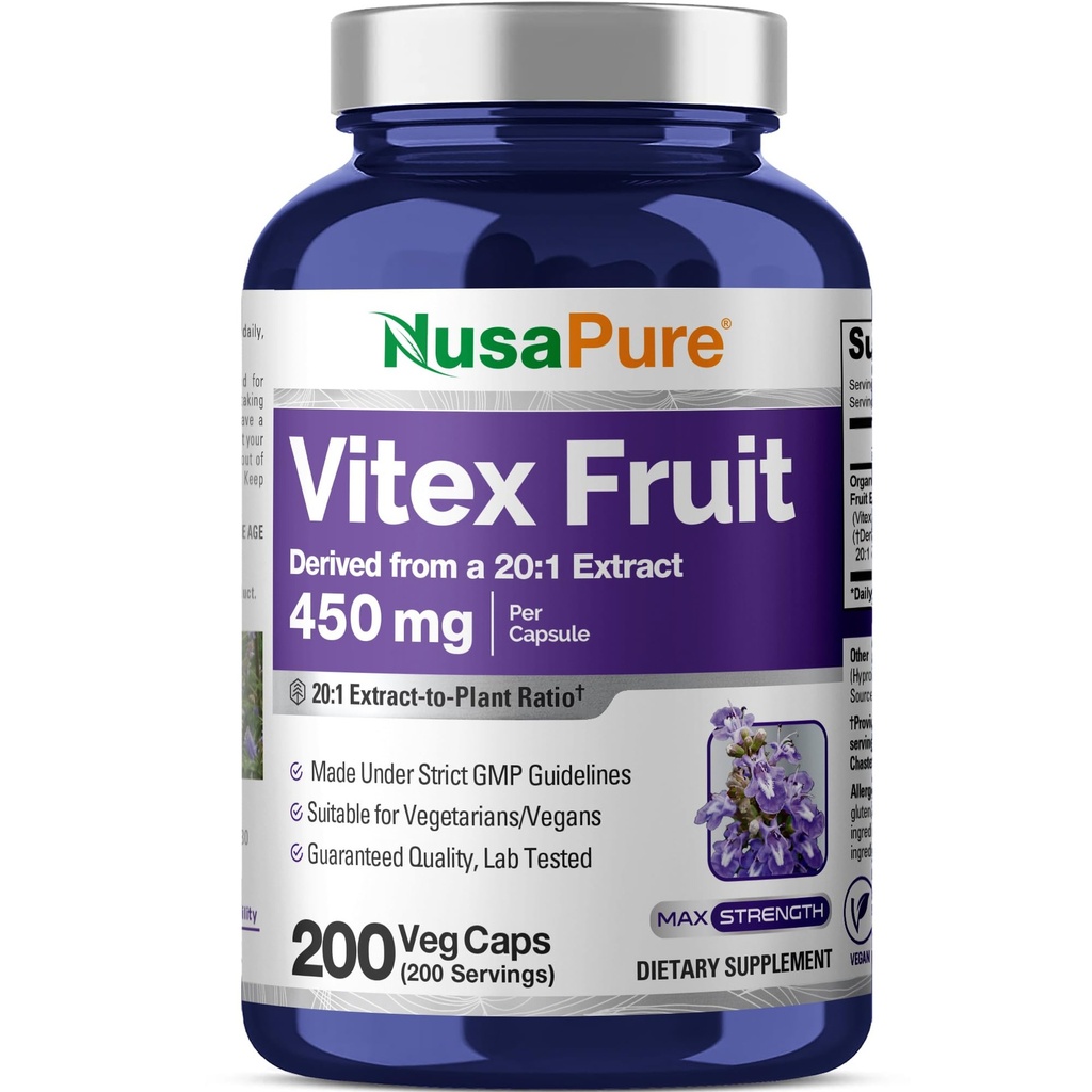 NusaPure Vitex Chasteberry פירות 20:1 לחלץ, 450 מ"ג שווה ערך ל 9,000 מ"ג 200 קפסולות טבעוניות - non-GMO, תוסף תזונה טבעוני