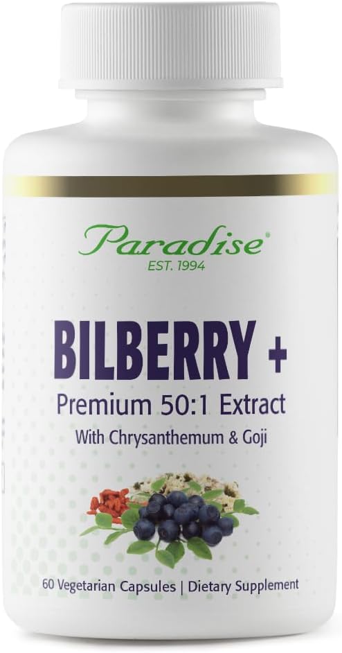 Paradise Herbs Bilberry עם Goji & Chrysanthemum תוספי, Super Potent, Ultra Pure, non-GMO, Gluten Free, טבעוני 60 קפסולות צמחוניות