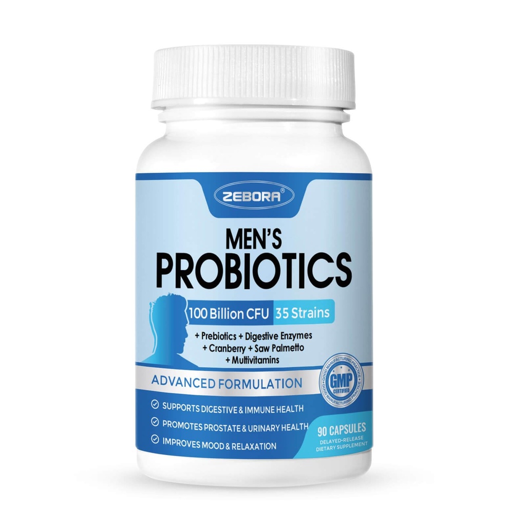 ZEBORA Probiotics for Men 100 מיליארד CFU - Probiotics for Digestive Health, Men's Probiotics, Prebiotics & Enzymes, for Prostate Health with Saw Palmetto | 90 Veg כמוסות
