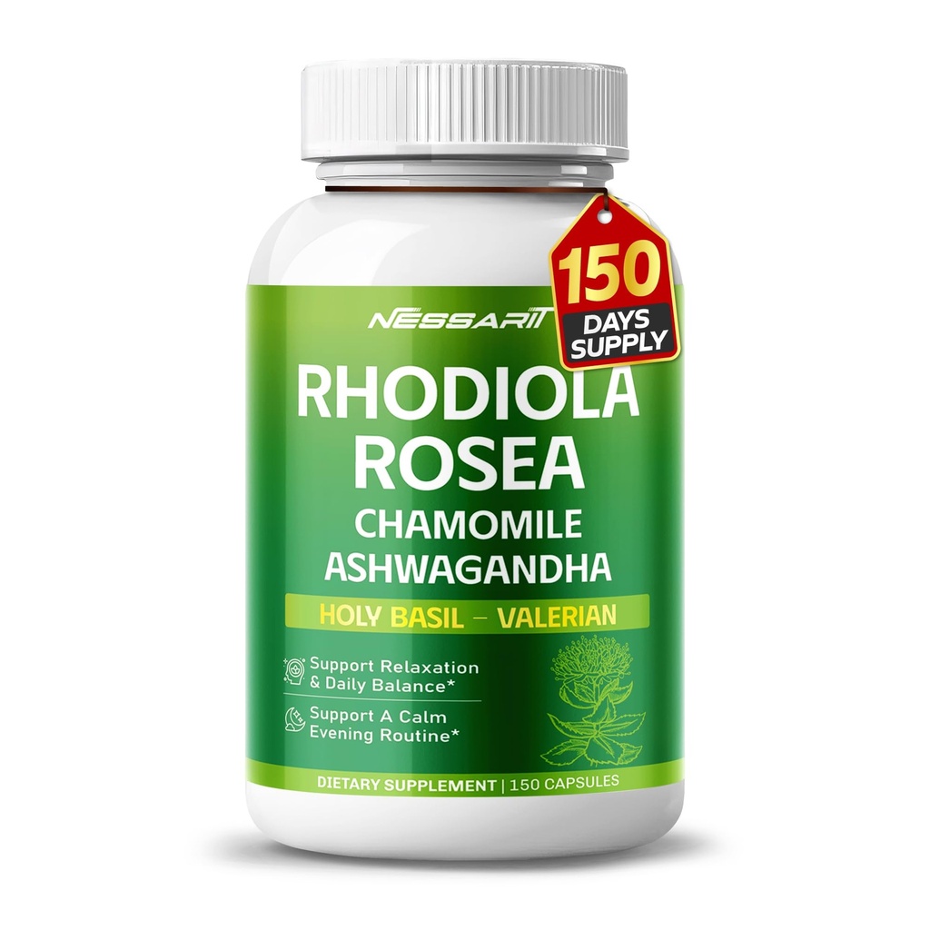 RHODIOLA תוספת של 11-in-1 תערובת טבעית עם Chamomile L-theanine Ashwagandha Holy בזילריאן Passionflower - 150 Count - Made & Tested בארצות הברית
