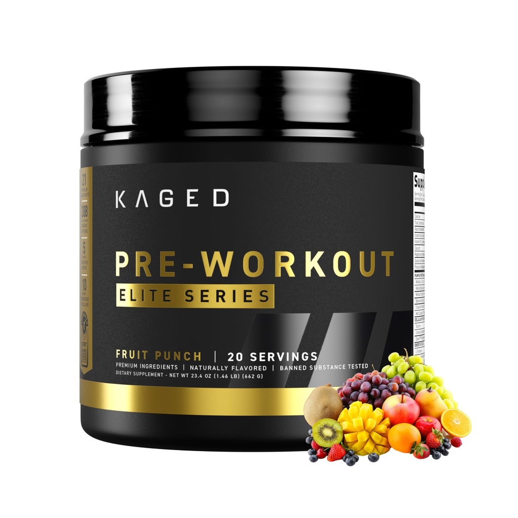 Kaged Pre Workout Elite אבקה | פירות פונצ'ין | Pre-Workout with Creatine, Beta Alanine, L-Citrulline, BCAAs | 388 מ"ג אורגני קפאין | Pre-Pre-Workout for Men & Women | 20 משרתים