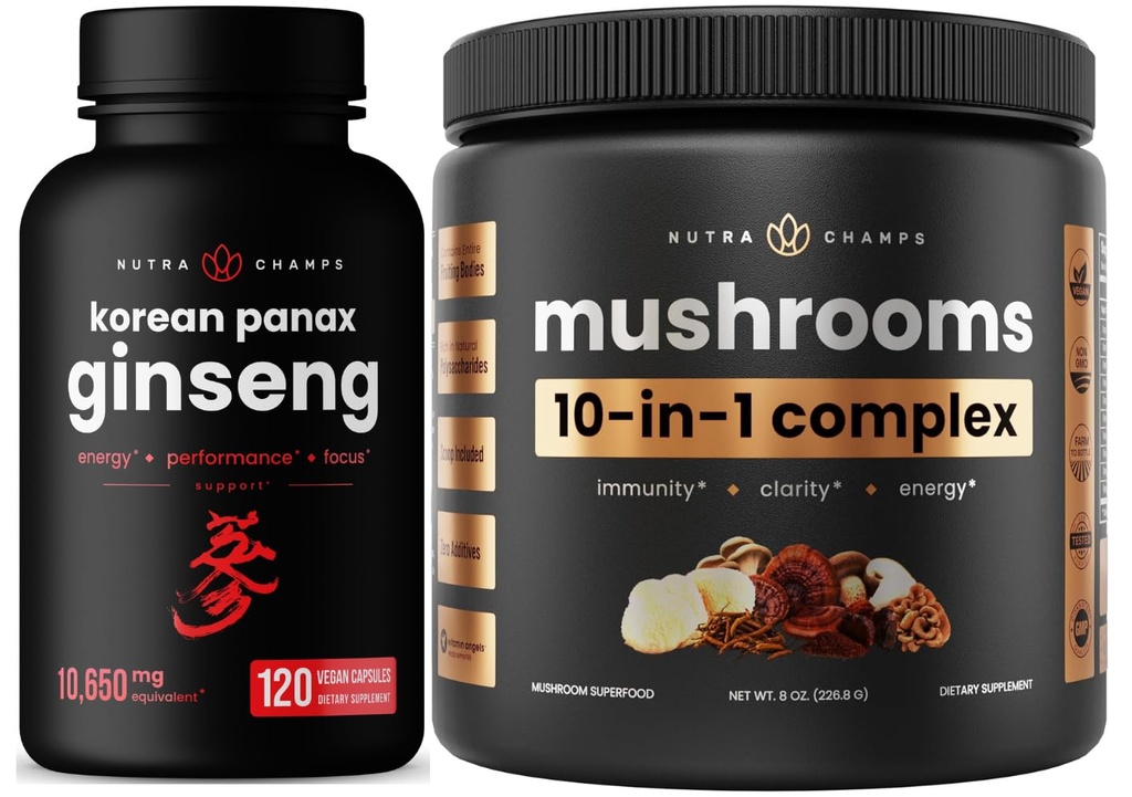 NutraChamps 10in-1 Mushrooms אבקת וג'ינסנג - האנרגיה האולטימטיבית, Stamina & Cognition Support Bundle.