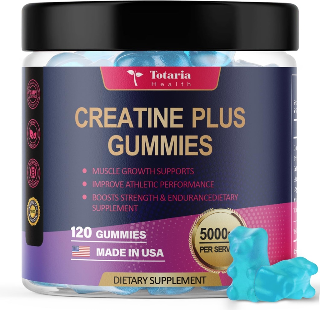 Totaria Creatine Monohydrate Gummies עבור גברים ונשים 5000 מ"ג סוכר חינם תוספת סוכר טרום-Workout תוספת Creatine עבור שריר כוח, שריר בונה, אנרגיה Boost, Vegan, Blueberry Flavor, הרוזן 120
