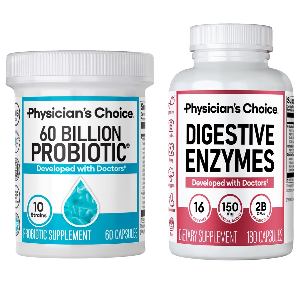 Physician's CHOICE - Optimal Gut Health Bundle: 60 מיליארד Probiotic 60ct + Digestive Enzyme 180ct for Digestive Comfort and Immune Support