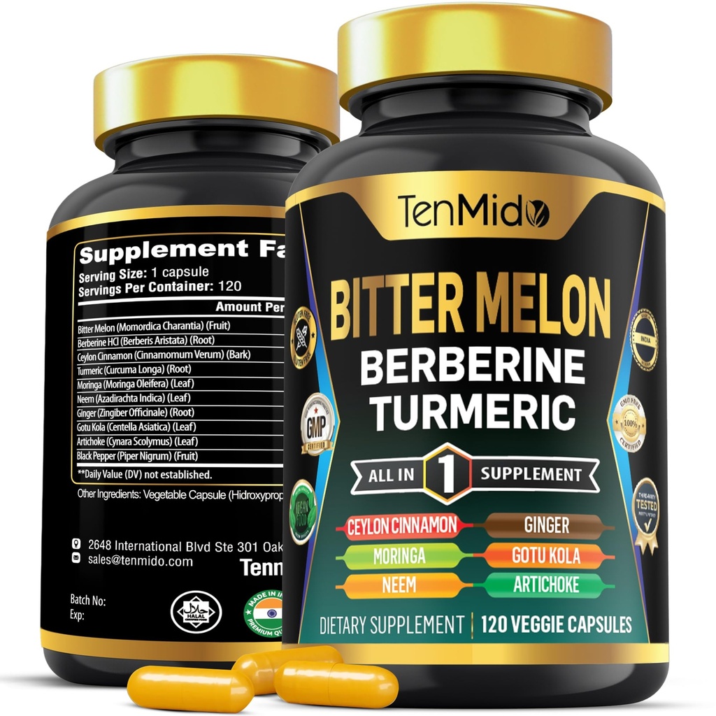 Bitter Melon כמוסות - 10in1 פורמולה - בשילוב עם Berberine, Ceylon Cinnamon, Turmeric, Moringa, Neem, ג'ינג'ר, Gotu Kola, Artichoke ו Black Pepper - 120 קפסולות ל-4 חודשים אספקת אספקה