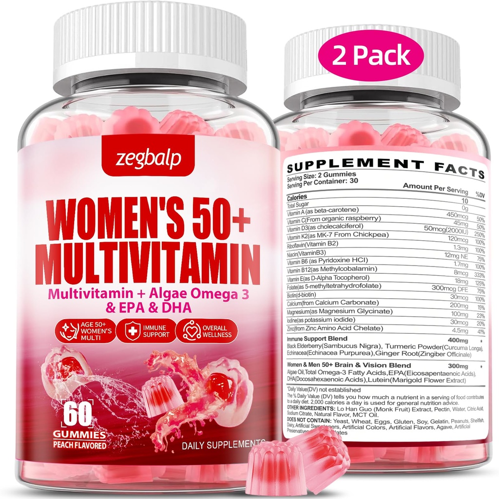 נשים ללא סוכר Multivitamin 50 פלוס חניכיים עם Calcium, Magnesium, Zinc, ויטמין A, C, D3, E, K2, B Complex, Folate, Biotin - Multi ויטמינים ומינרלים לעור, אנרגיה, Immune תמיכה תמיכה תמיכה