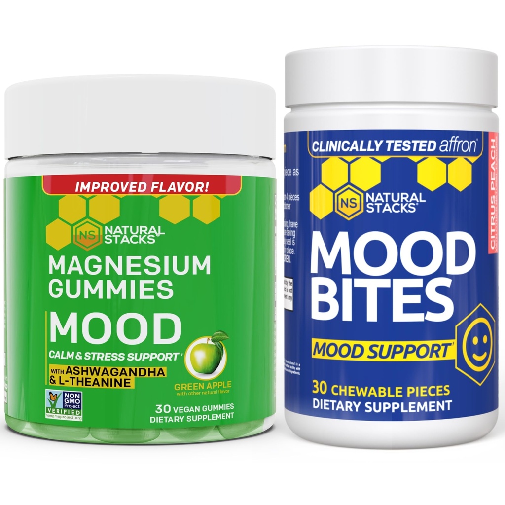 NATURAL STACKS Mood Bites + Mood Magnesium Gummies Bundle - חיובי Mood & Stress תמיכה * 60 צ'יפות