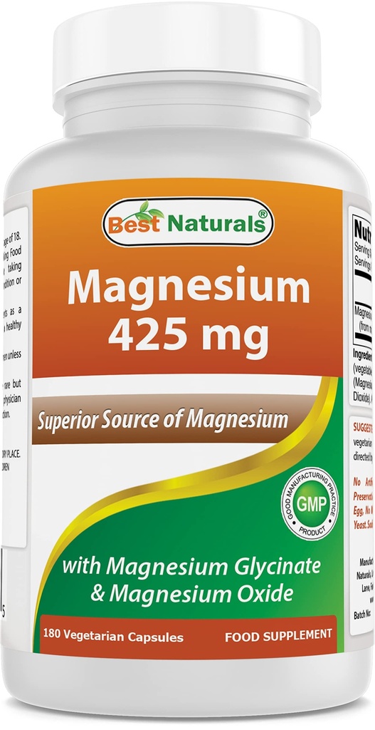 Best Naturals Magnesium 425 מ"ג 180 קפסולות Veggie - High Absorption Magnesium Glycinate & Magnesium Oxide Chelated, non-GMO, Gluten Freeשרירים להירגע ( Count (Pack of 1))