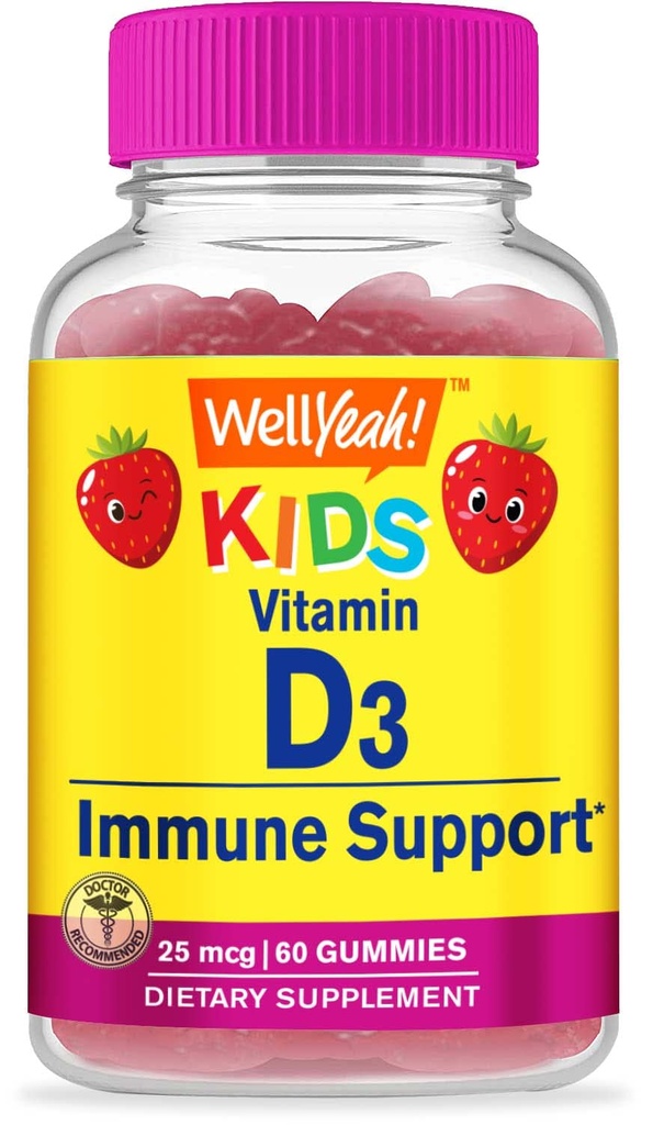 WellYeah Kids Vitamin D3 Gummies - 1000 IU (25 mcg)- Supports Bone Strength and Immunity - Non-GMO, Gluten-Free - Strawberry Flavor - Nutritional Supplement - 60 Servings