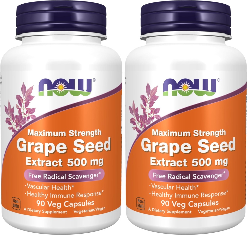 עכשיו תוספי מזון, Grape Seed Extractd Extract, כוח מקסימלי 500 מ"ג (פלט גדול עם מינימום של 90% פוליפנולים), 90 ואג כמוסות, אדום / Brown, 0.25 פאונד (pack של 2)