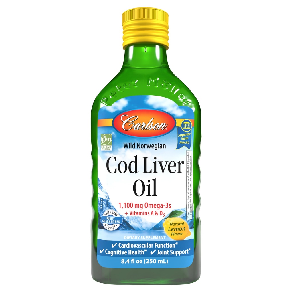 קרלסון - Cod Liver Oil, 1100 מ"ג אומגה 3s, שמן דגים נוזלי, Wild-Caught Norwegian Arctic, Sustainably Sourced Nordic נוזל, לימון, 250 מ"ל