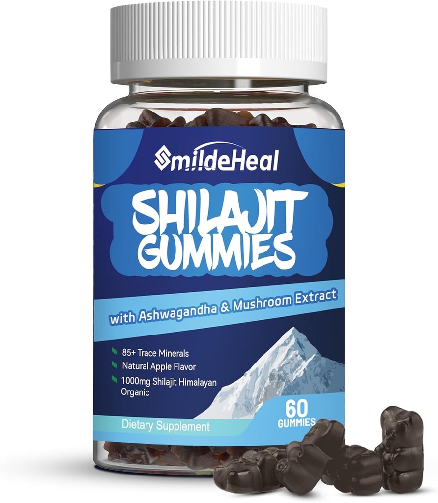 Shilajit Gummies 1000 MG, Organic Shilajit Supplement, 85+ Trace Minerals, with Ashwagandha, Mushroom - Energy, Brain, Immunity Support, for Men & Women - 60 Count