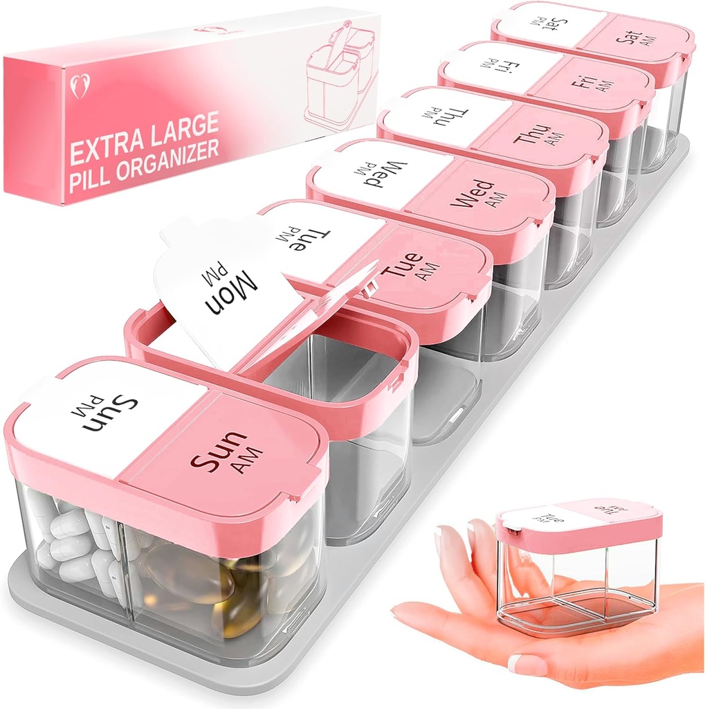 עוד מארגנת גלולות שבועיות גדולות - XL ויטמין Holder עם 7 השוואות של AM PM - Portable Medicine Dispenser for Home and Travel, Big Add Container for Weekly or Daily Use, Pink Pink