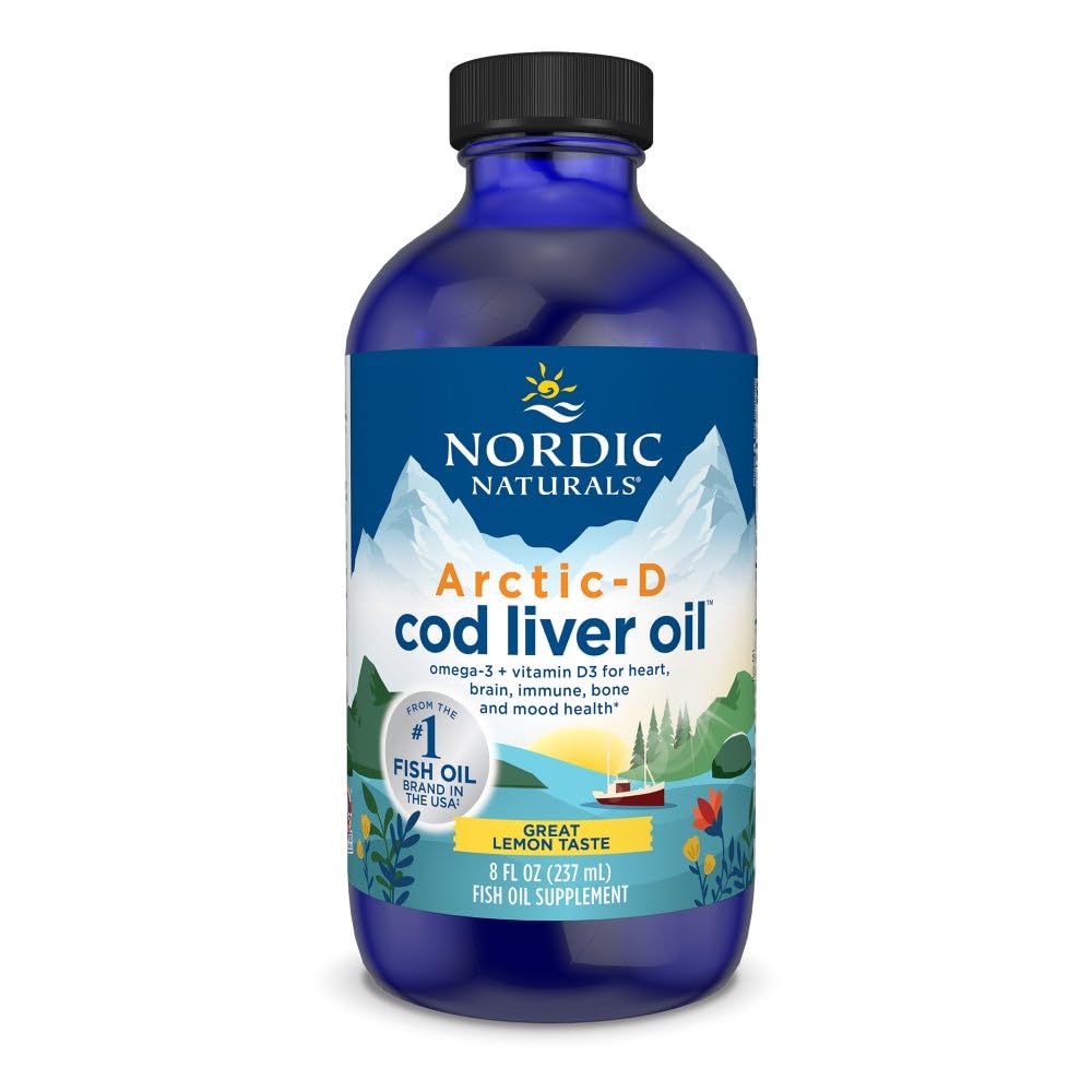 Nordic Naturals Arctic-D Cod Liver Oil, Lemon - 8 oz - 1060 מ"ג אומגה 3s + 1000 IU ויטמין D3 - EPA & DHA - Heart, Brain, Bone, Immune & Mood Support - Non-GMO - 48 משרתים