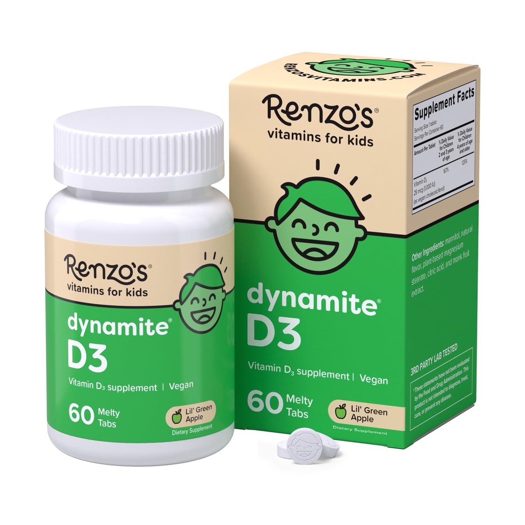 ויטמין D3 של Renzo, Disshoot Kids ויטמין D3, 60 סוכר חינם מלטי טאב, Lil' Green Apple Flavored
