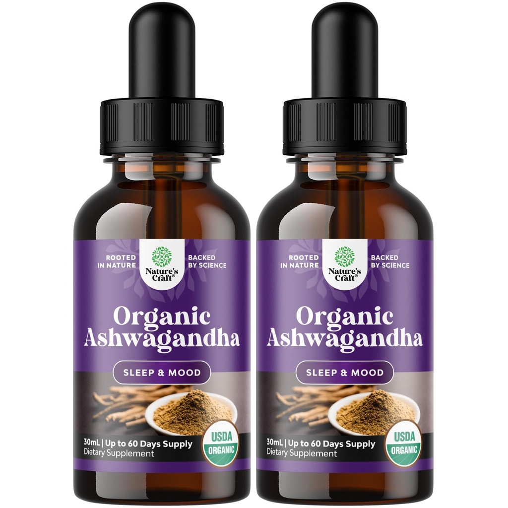 Natures Craft USDA אורגני Ashwagandha נוזל טיפות - נוזל אשווגנדה שורש לחלץ מתח ותמיכה Mood - Tasty Fitogenic non GMO טבעוני סוכר וסוכר חינם (2 Pack)