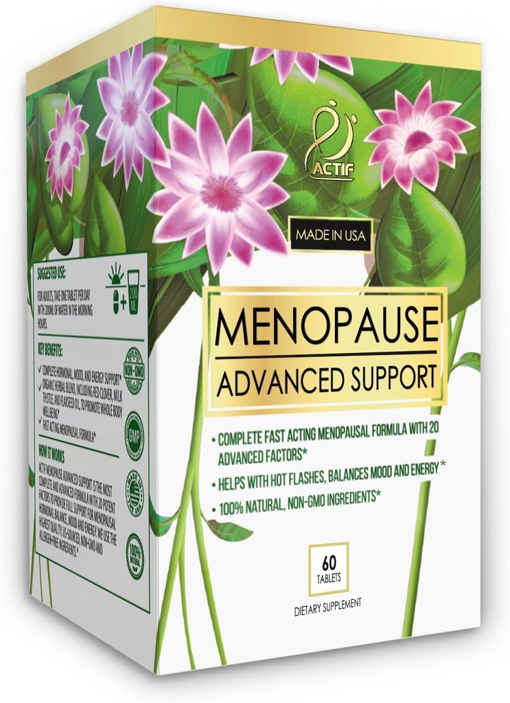 Actif Menopause Advanced Support with 20+ ויטמינים אורגניים ו-Herbs - Relieves Hot Flashes, Night Sweats - Non GMO, Fast Acting, Made in USA, 60 Count