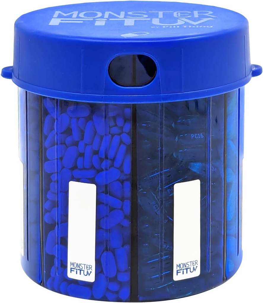 תוסף XL Pill Dispenser Bottle, 7 השוואתיות, תוויות, Easy Open, Anti-Mixing, UV Protected ארגן, תוספת ויטמין חודשי גדול, Monster Fit Medicine Holder (Cobalt Blue, Large)