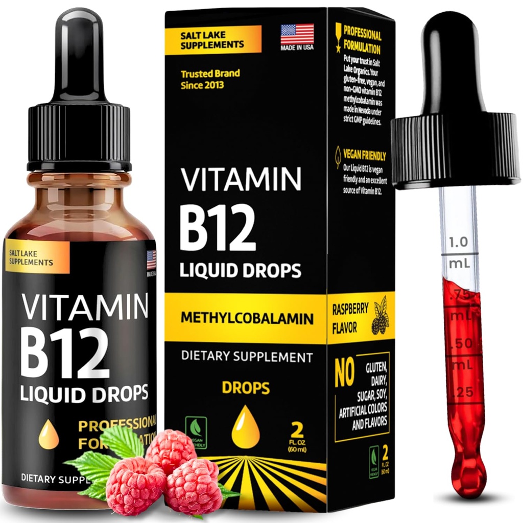 ויטמין B12 נוזל טיפות - טבעוני B12 ויטמינים 5000 mcg Methylcobalamin Fast-Acting Sublingual B Complex ויטמין B2, B3, B6 - Non-GMO, No Milk, Soy & Sugar, Raspberry Flavor, 2. oz.