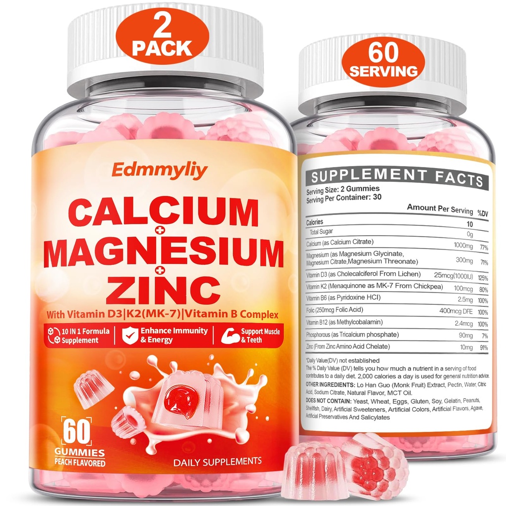 Calcium Magnesium Zinc Gummies עם ויטמין D3 K2 & B Complex for Women Men 1000 מ"ג Calcium Citrate with Magnesium Gummies for Bone, השרירים & Immune Support, Sugar Free, טבעוני