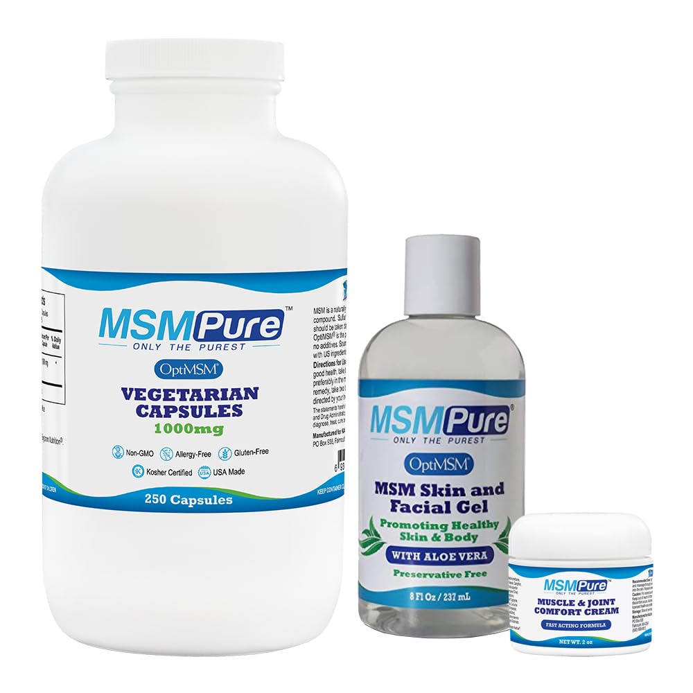 KALA HEALTH MSMPure Starter Bundle עם MSM קפסולות 250 הרוזן, MSM שרירים וגלידה משותפת 2oz ו MSM Gel עם אורגני Aloe 8oz