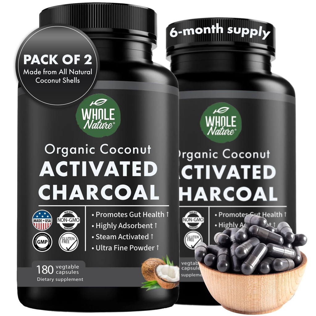 קוקוס הפעיל קפסולות Charcoal, 180 קפסולות Charcoal, שיניים וייטנינג, עוזר קונסטיפציה, Bloating, Stomach Gas, Heartburn, Pure קוקוס Derived (2)