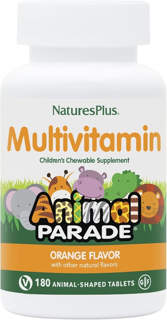 Natures Plus Animal Parade Children's Chewable Multivitamin - Orange Flavor - 180 טבליות בעלי חיים - מקדם בריאות ו Well-Being - Vegetarian, Gluten Free - 90 משרתים
