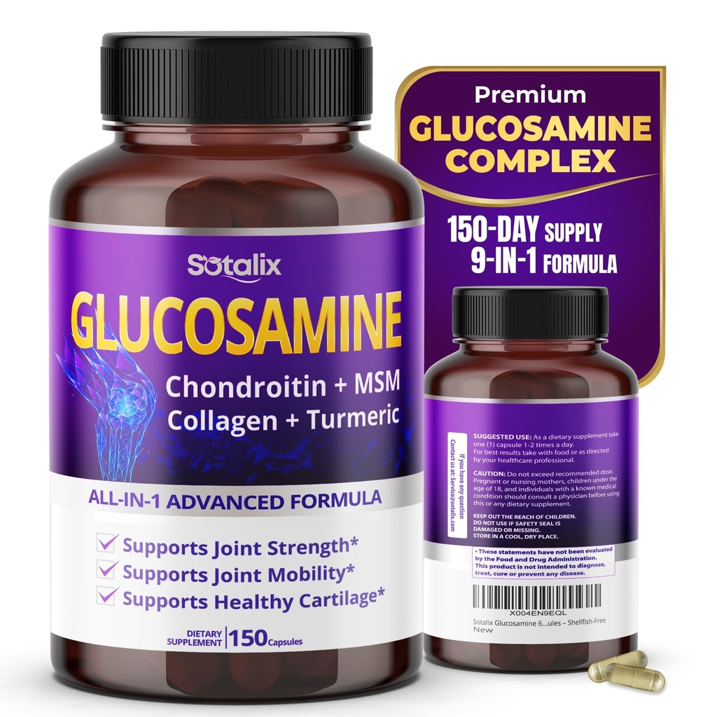 Sotalix Glucosamine 650mg - All-in-1 תמיכה משותפת עם Chondroitin, MSM, Collagen, Turmeric, ויטמין D3 & Hyaluronic Acid - 150 קפסולות - Shellfish-Free - Made in USA