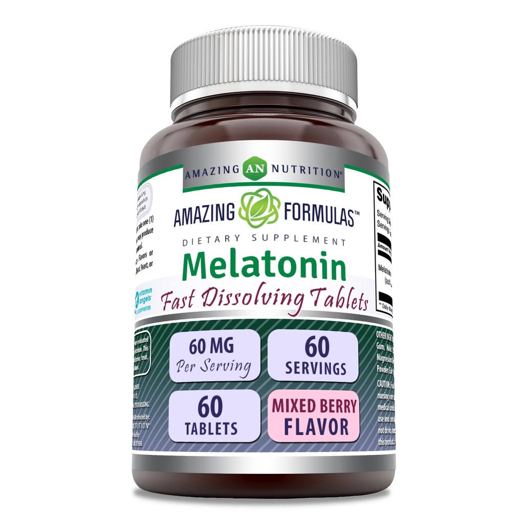 פורמולה מדהימה Melatonin Fast Disting תוסף | 60 מ"ג לכל המשרתים | מעורב ברי פלאפור | 60 טבליות | Non-GMO | Gluten-Free | Made in USA
