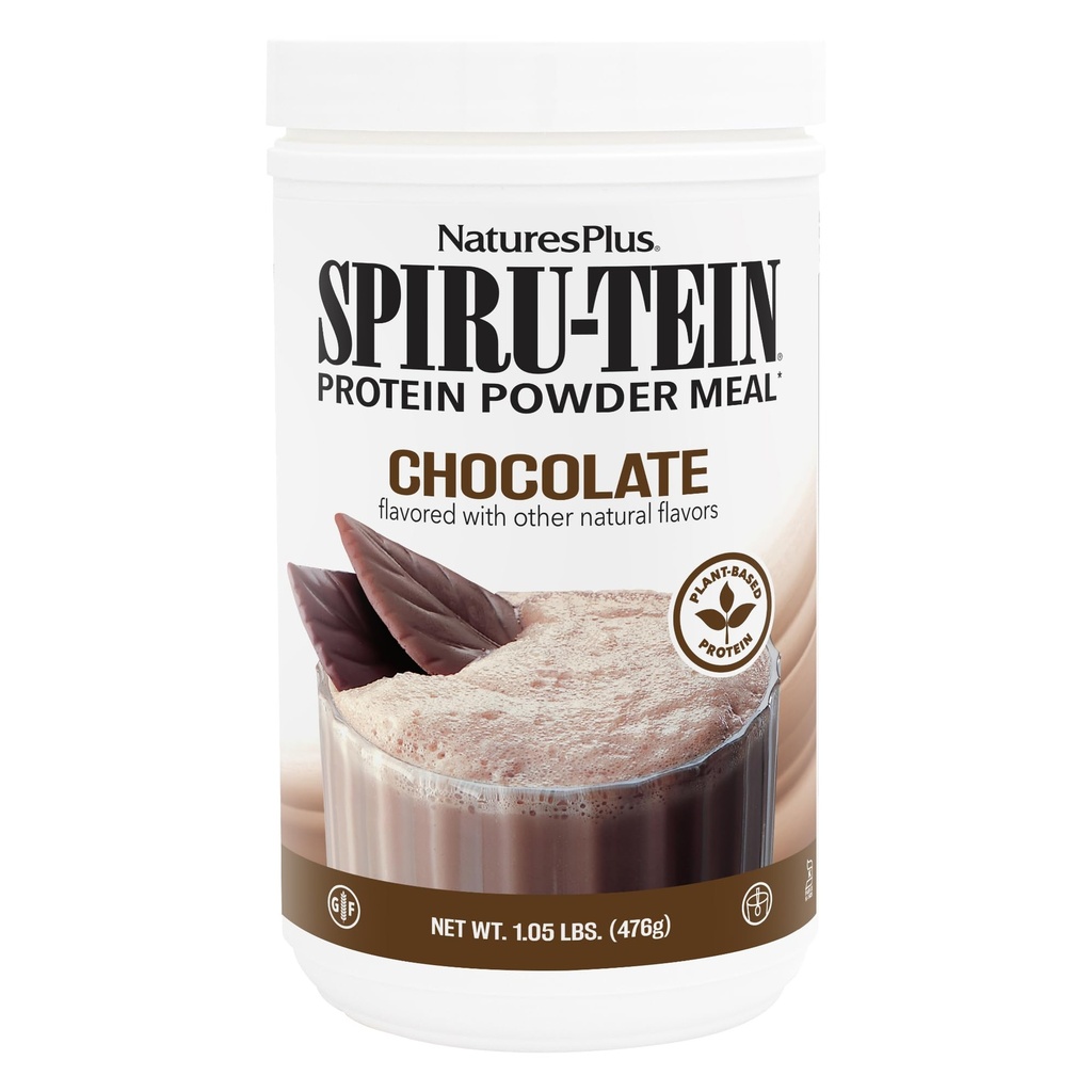 Natures Plus SPIRU-TEIN, שוקולד - 1.05 lb - גידול חלבון מבוסס צמחי - non-GMO, Vegetarian, Gluten Free - 17 מנות שלמות