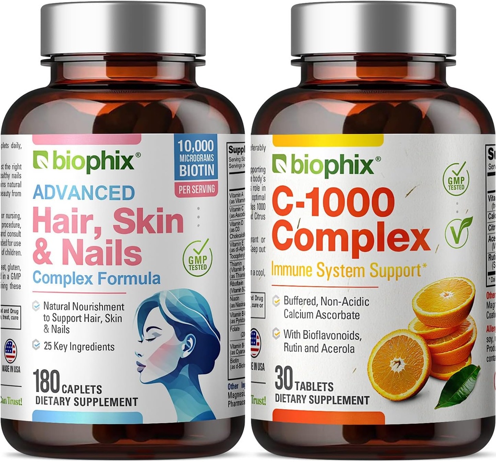 שיער וציפורים מורכבות 180 קפסולות עם 10000 mcg Biotin - ויטמין חינם C-1000 30 טבליות - Multivitamin תומך חזק ציפורניים יפות שיער בריא הזדקנות