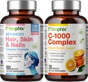 שיער וציפורים מורכבות 180 קפסולות עם 10000 mcg Biotin - ויטמין חינם C-1000 30 טבליות - Multivitamin תומך חזק ציפורניים יפות שיער בריא הזדקנות