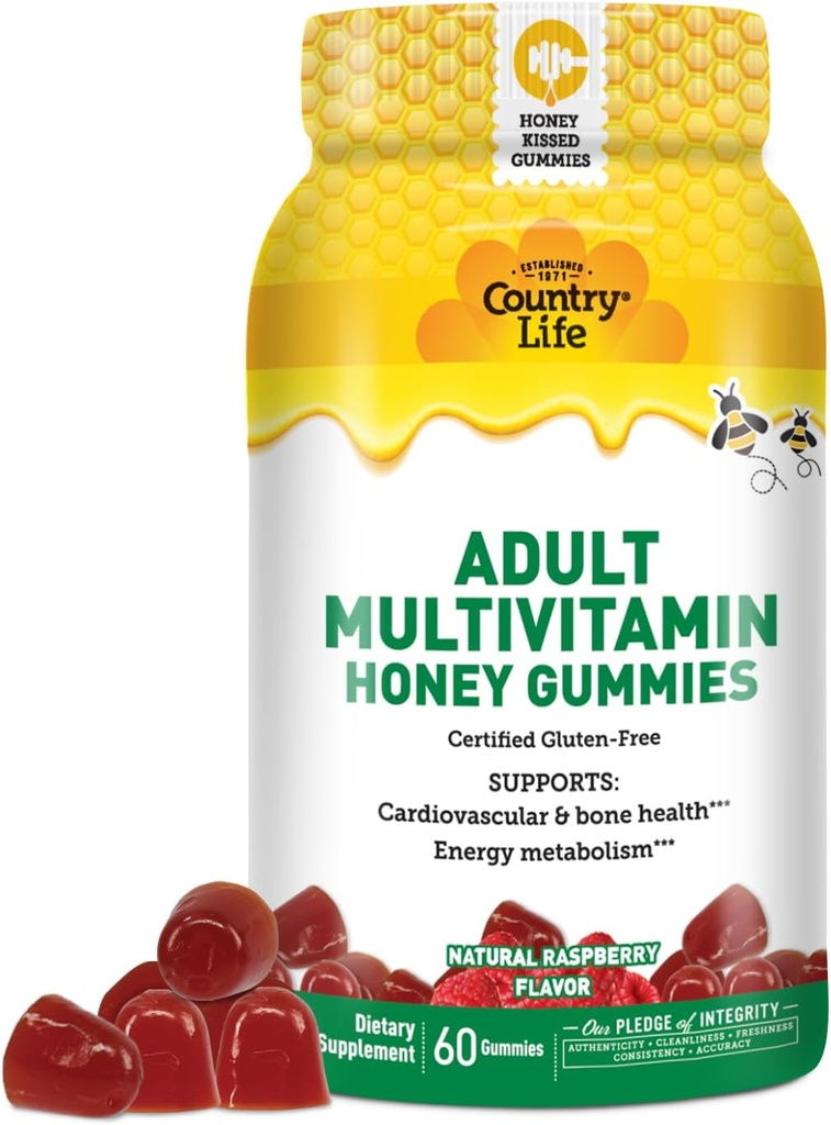 Country Life Adult Multivitamin Honey Gummies - Bone, Heart & Energy Support - Non-GMO, Gluten Free, Vegetarian - Sweetened - 60 חניכיים