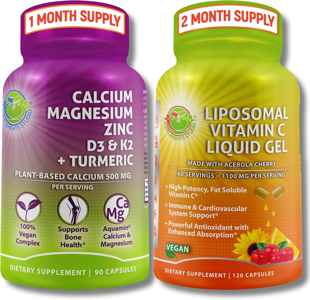 Bone & Immune Support Bundle - Liposomal ויטמין C 1100 מ"ג נוזל גל מועשר עם Acerola Cherry & Plant-based Calcium (מתוך Aquamin®), Magnesium, Zinc, D3, K2 + Turmeric - תמיכה בריאות נקייה