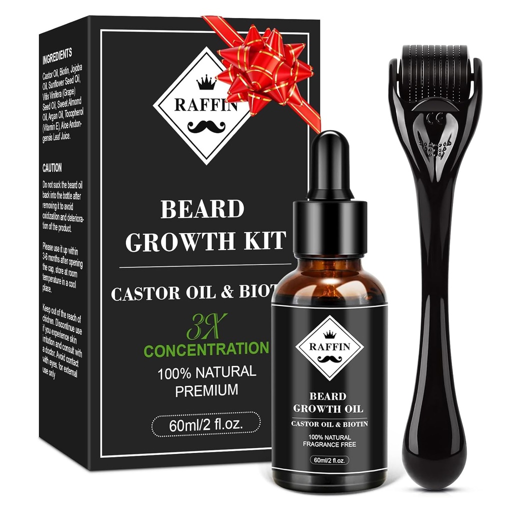 AirFIN Beard Growth Kit, שדרג את שמן הצמיחה הדובדבן (2Oz) w/Maximum Thicking Biotin & Castor Oil for Spot / Patchy Beard, Achieve Fuller, Thicker & Healthier Beards, Gifts for Him Friend Husband Father Dad