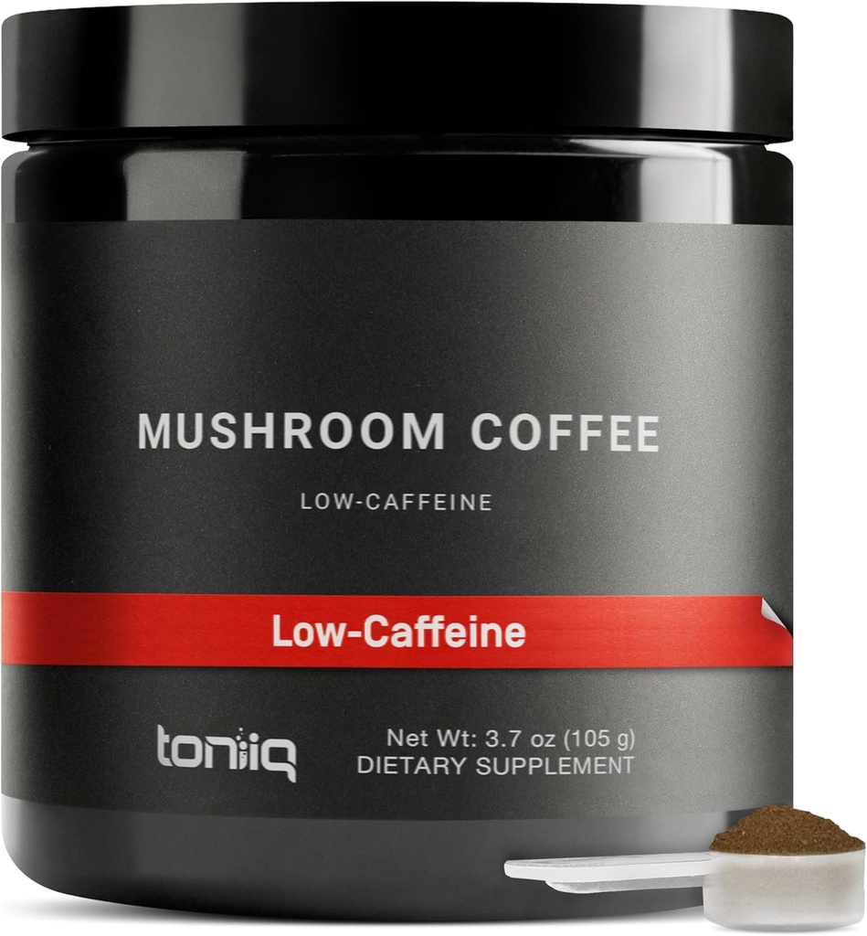 Toniiq Low-Caffeine Mushroom Coffee - Ultra High Potency 10:1 ריכוזי הפקה - קולומביה Sourced Beans עם 10 Mushroom Band, Lion's Mane & Cordyceps - קפה אלטרנטיבי פונקציונלי
