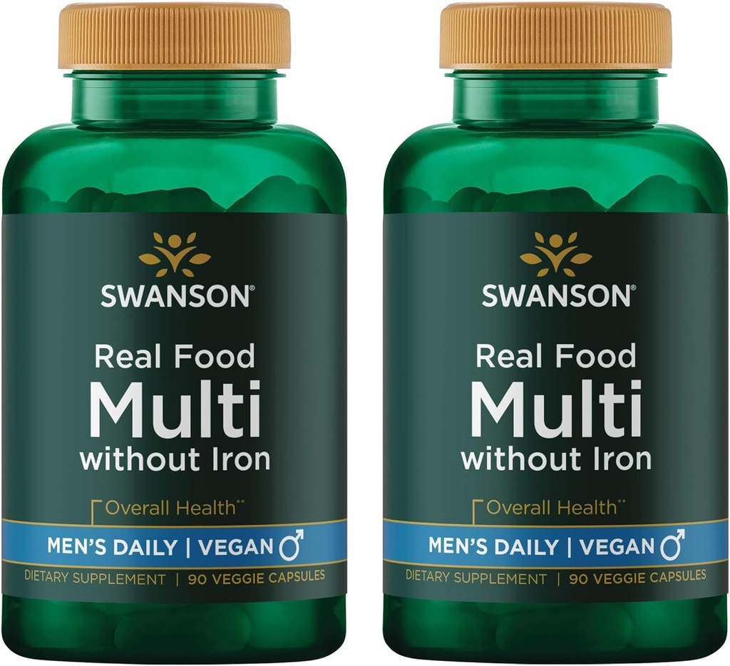 Swanson Real Food Multivitamin Multimineral Men's Health Prostate Stress Response Bladder תוספת טבעונית ללא GMO 90 Veggie קפסולות Veg Caps (2 Pack)