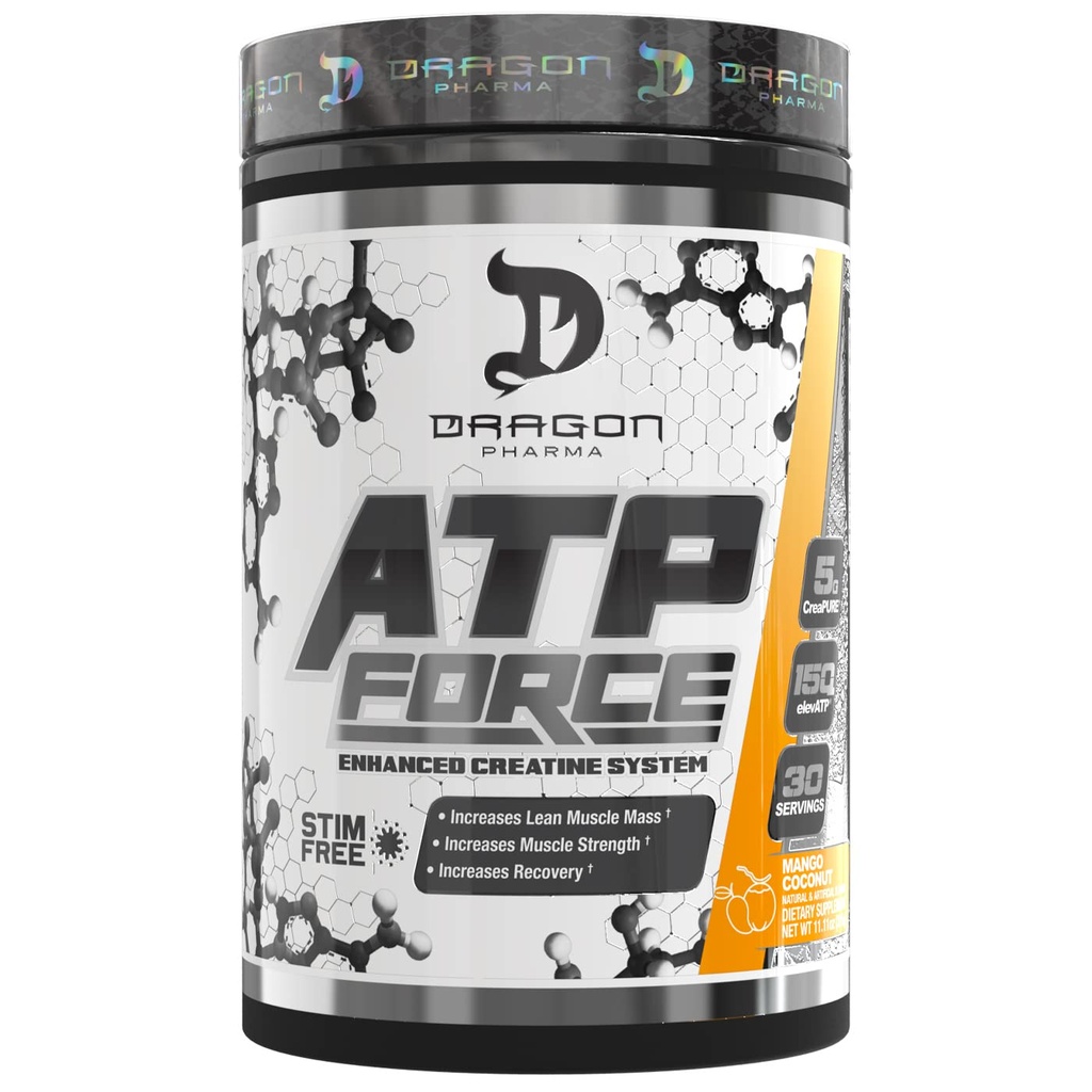 DRAGON PHARMA ATP Force Enhanced Creatine System, Stim-Free, הגדלת Lean שריר Mass & Recovery, 5 גרמות של CreaPure, משפר את זרימת הדם (30 לשרתים, מנגו קוקוס)