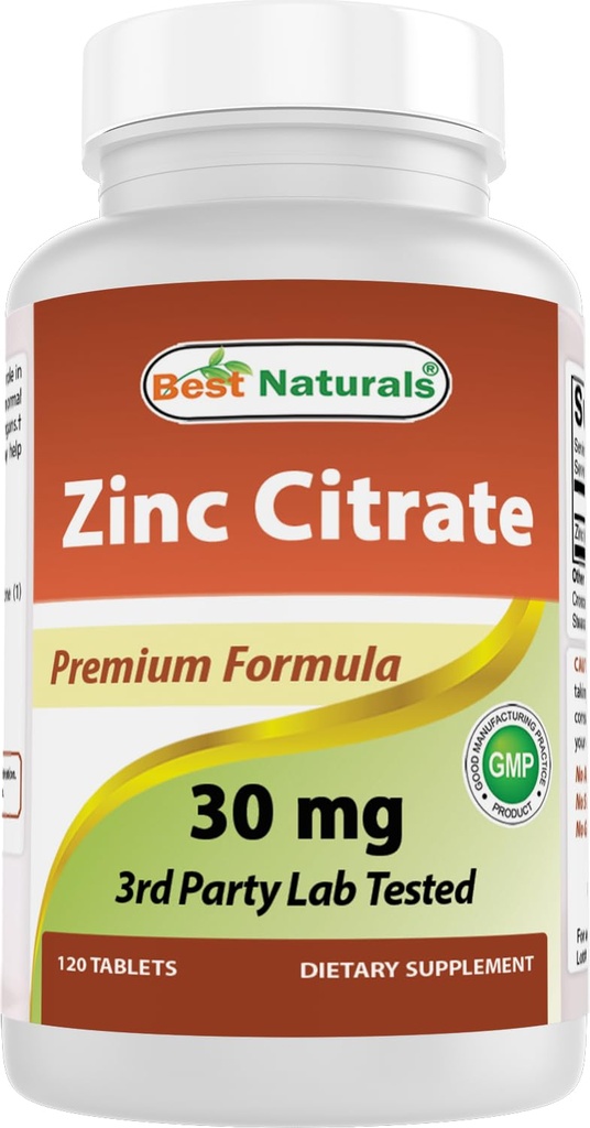 Best Naturals Zinc 30 מ"ג תוסף (כמו Zinc Citrate) - ויטמין אבץ עבור מבוגרים Immune Support - 120 טבליות (120 Count (Pack of 1))