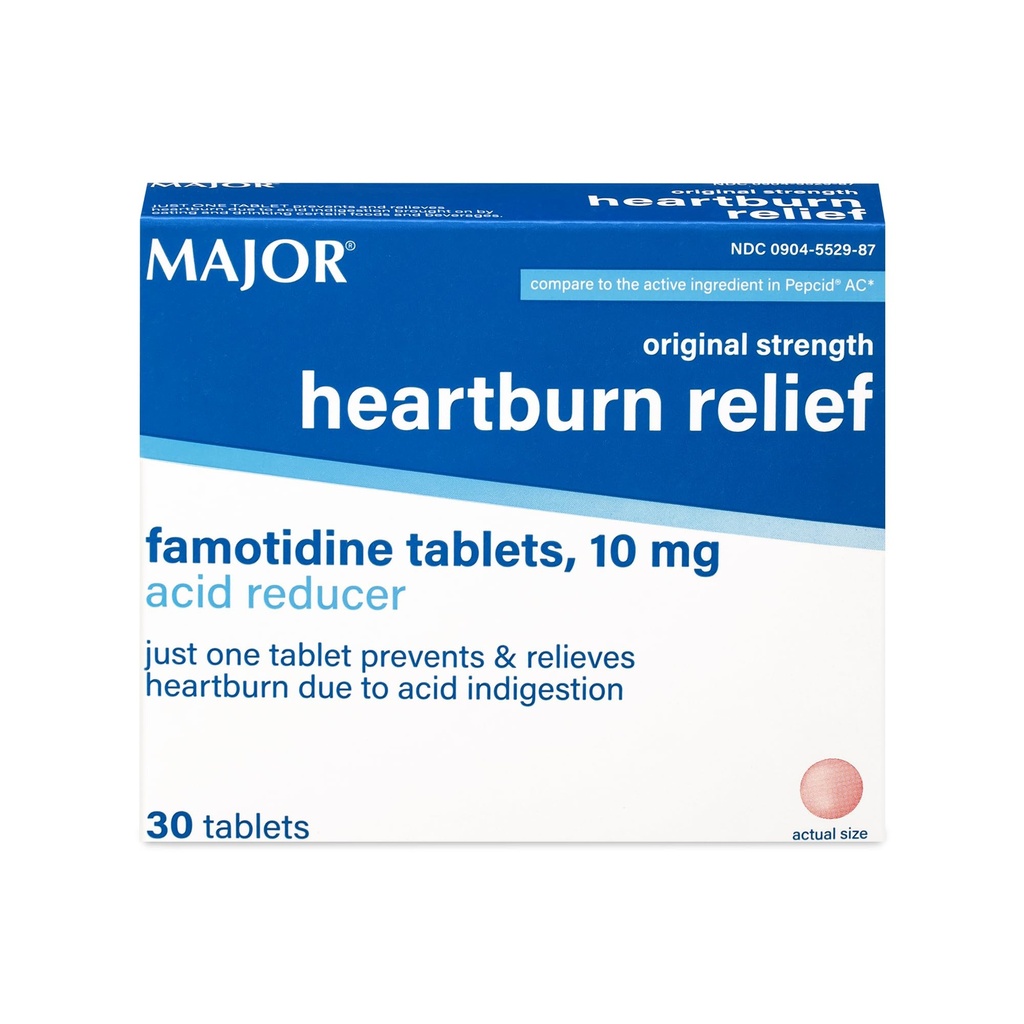 MAJOR המקורי כוח לבבורן הקלה - טבליות Famotidine, 10 מ"ג - Acid מופחתr - 30 טבליות (1-Pack)