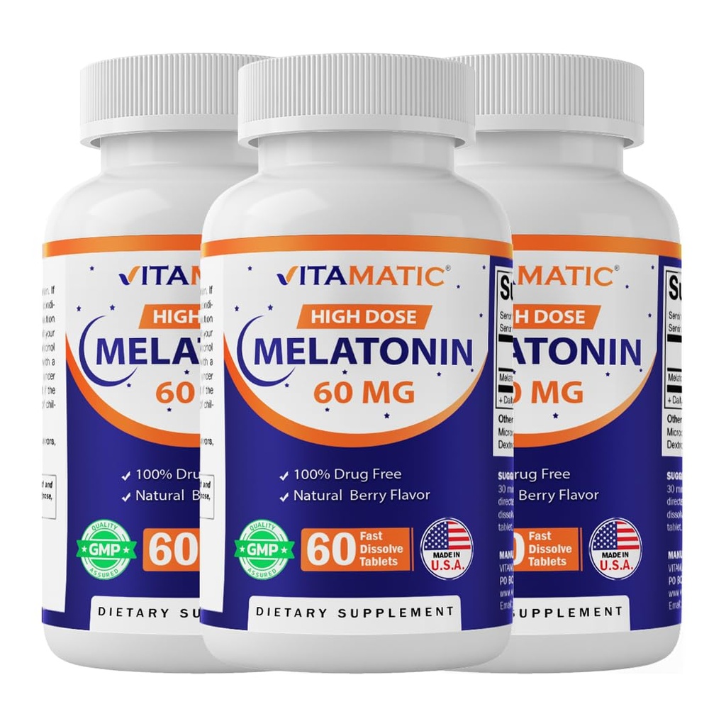 Vitamatic Melatonin 60 מ"ג טבליות מלוטש מהיר - 60 טבעוני טבעי ברי פלאדור טבליות - Non-Habit Forming - non-GMO, Gluten Free (3 בקבוקים)