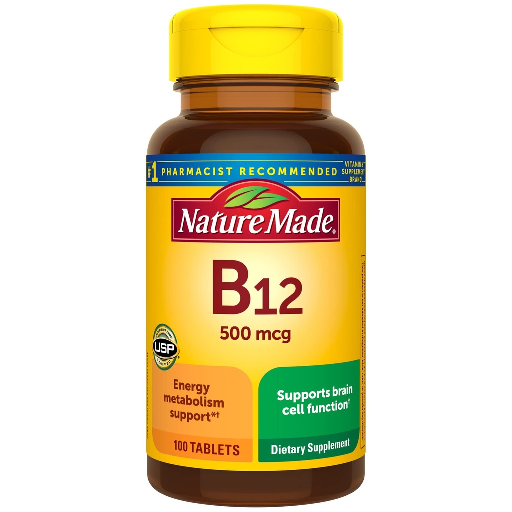 הטבע עשה ויטמין B12 500 mcg, תוספת תזונתית לתמיכה במטבוליזם אנרגיה, 100 טבליות, 100 יום אספקה