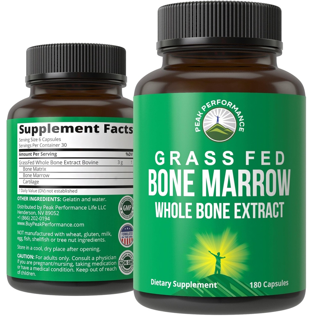 Peak Performance Grass Fed Bone Marrow - Whole Bone לחלץ תוספת של 180 קפסולות Superfood Pills עשירים בColagen, ויטמינים ו Amino Acids. מ- Bone Matrix, Marrow, Cartilage. Ancestral Tablet