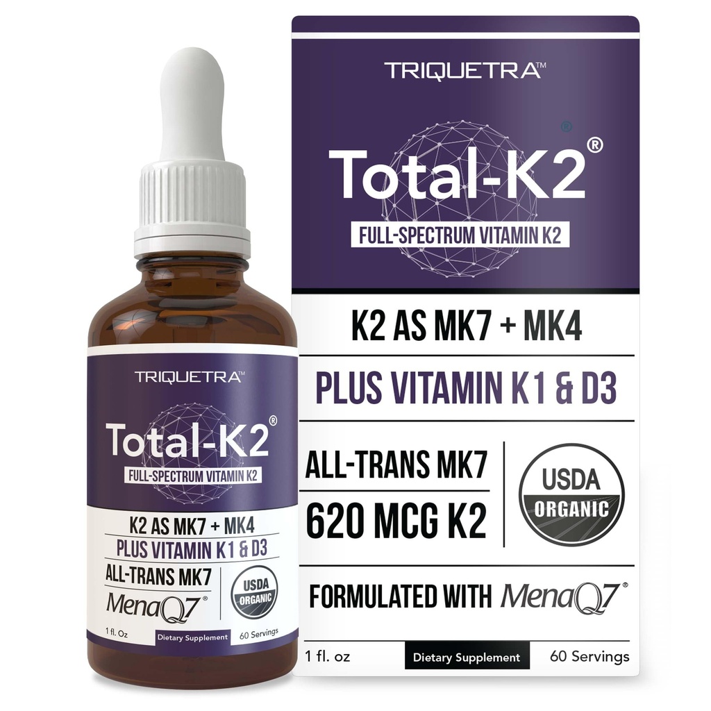 Total K2® | ויטמין K2 כמו MK7 & MK4 | Plus K1 & ויטמין D3 Cofactor - 620 mcg K2 לכל משרת - All-Trans MK7 מ- MenaQ7® - ויטמין C - טבעוני, מוסמך אורגני (Liquid 1 oz)