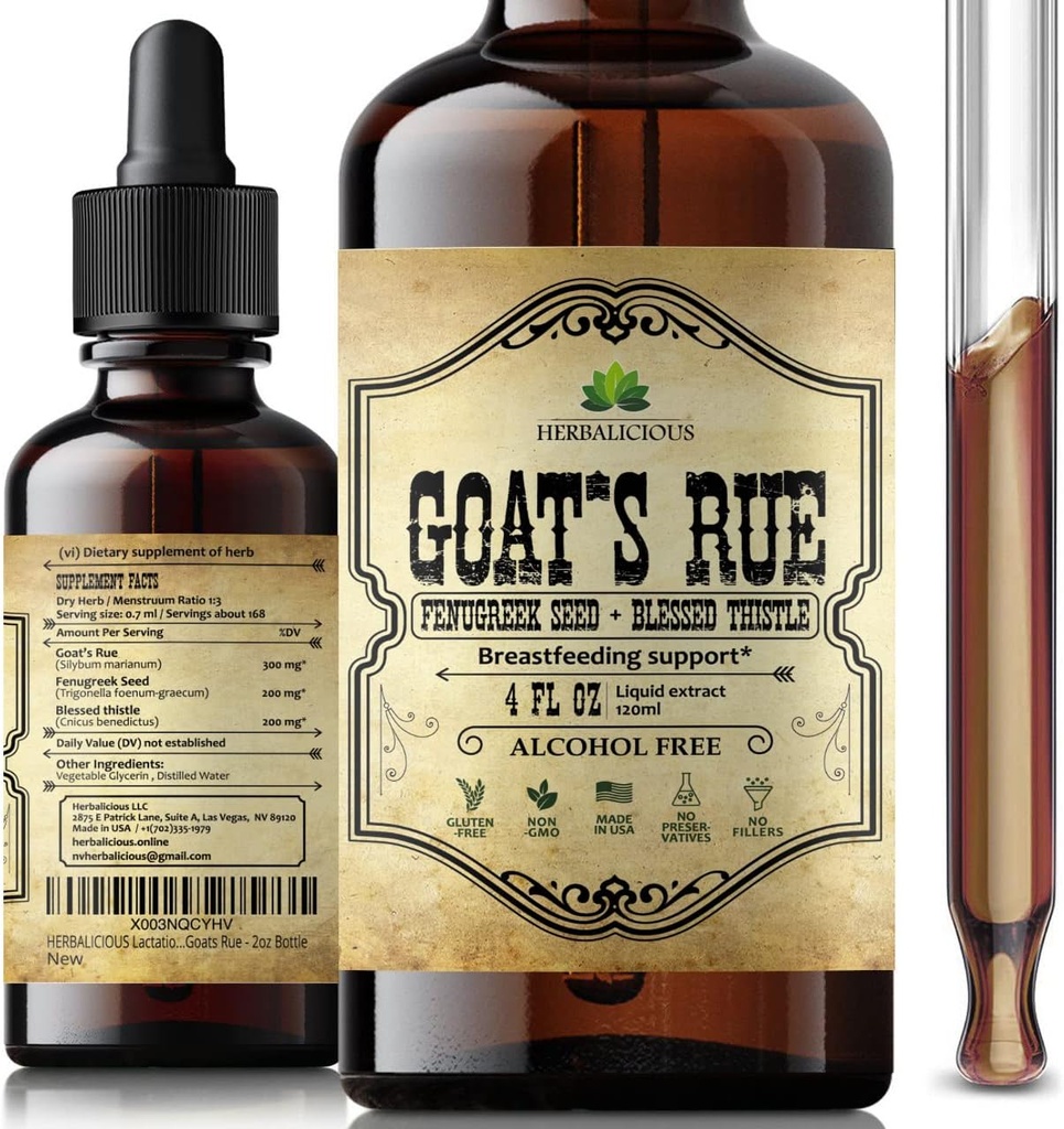 HerBALICIOUS Goat's Rue Extractt 4 fl oz - Natural Herbal Tincture with Goat's Rue, Fenugreek Seeds, mor Thistle - אלכוהול חינם non-GMO Lactation תוסף עבור הגדלת חלב השד
