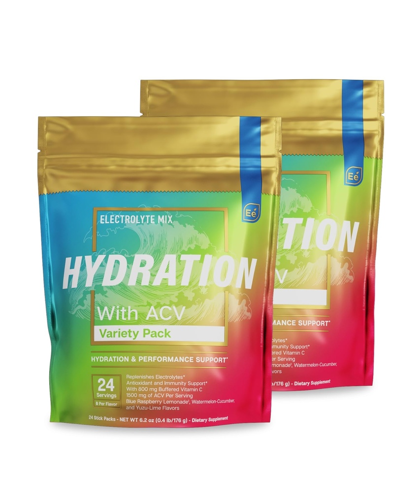 Essential Elements ® hydrotion Packets - Variety Pack - אבקת אלקטרוליטים No Sugar - אלקטרוליט שתי לערבב - הידרציה גבוהה עם ACV & ויטמין C - 48 Stick Packs