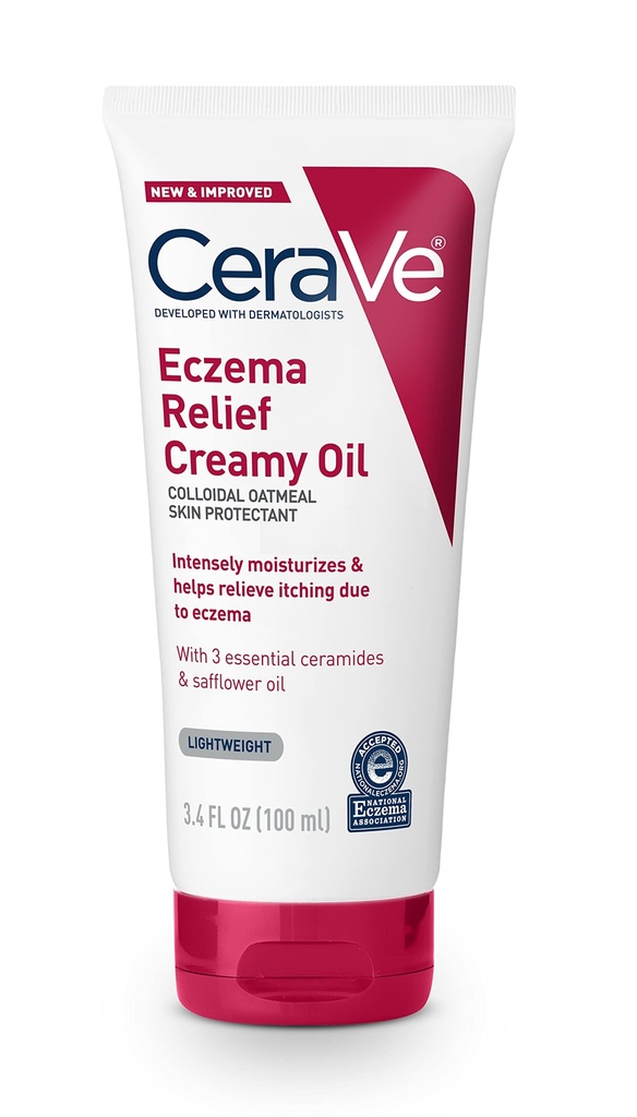 CeraVe Eczema Relief Creamy Body Oil, Eczema Calming Cream with Colloidal Oatmeal & Spflower שמן עבור Skin & Itchy Skin Relief, Steroid Free & Paraben חינם, 3.4 אוונס