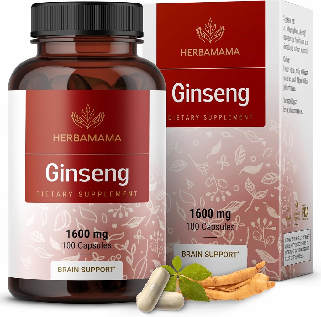 HerBAMAMA קוריאה Panax גינזנג קפסולות - 1600 מ"ג רד ג'ינסנג Root - טבעוני, non-GMO קוריאני אדום Panax, 100 Capseng