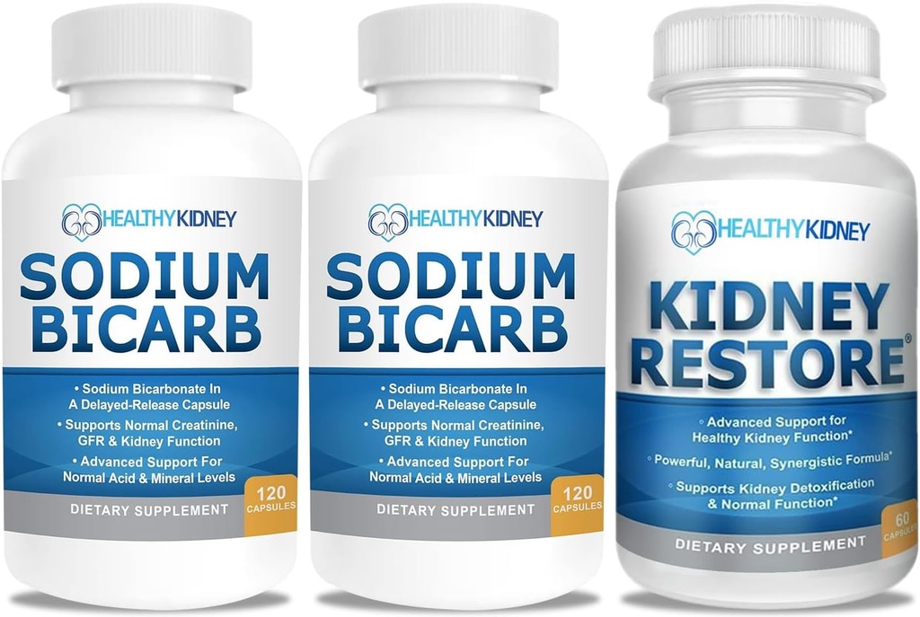 Sodium Bicarbonate 650 מ"ג קפסולות עבור סיוע Acid, Alkalinity 120 Pills 2Pack + Kidney לשחזר Kidney ניקויse ו- Kidney Health Supplement, 60 caps