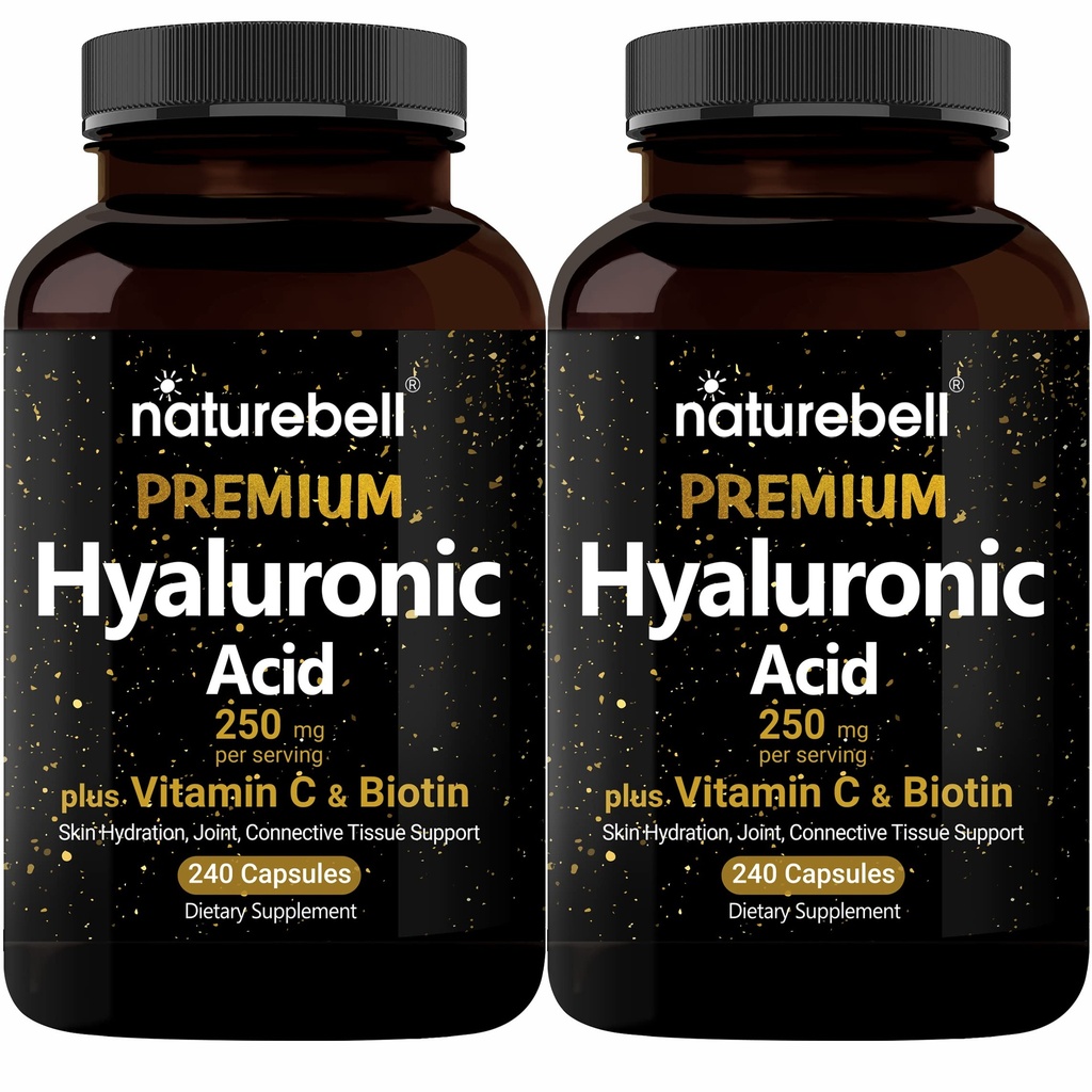 NatureBell 2 Pack Plant Based Hyaluronic Acid תוספי 250 מ"ג עם 25 מ"ג ויטמין C & Biotin 5000mcg, 480 Total כמוסות | Essential for Hair growth, Joint Support, & Hydrating Skin